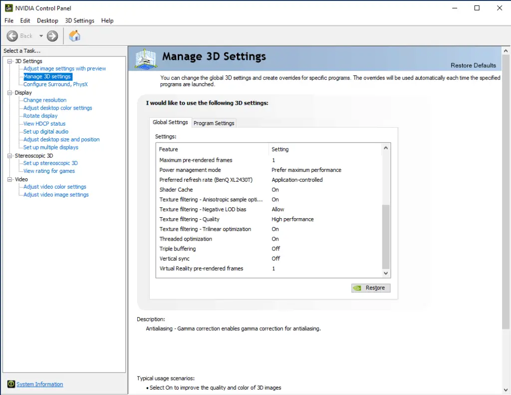 nvidia manage 3d settings using wrong gpu